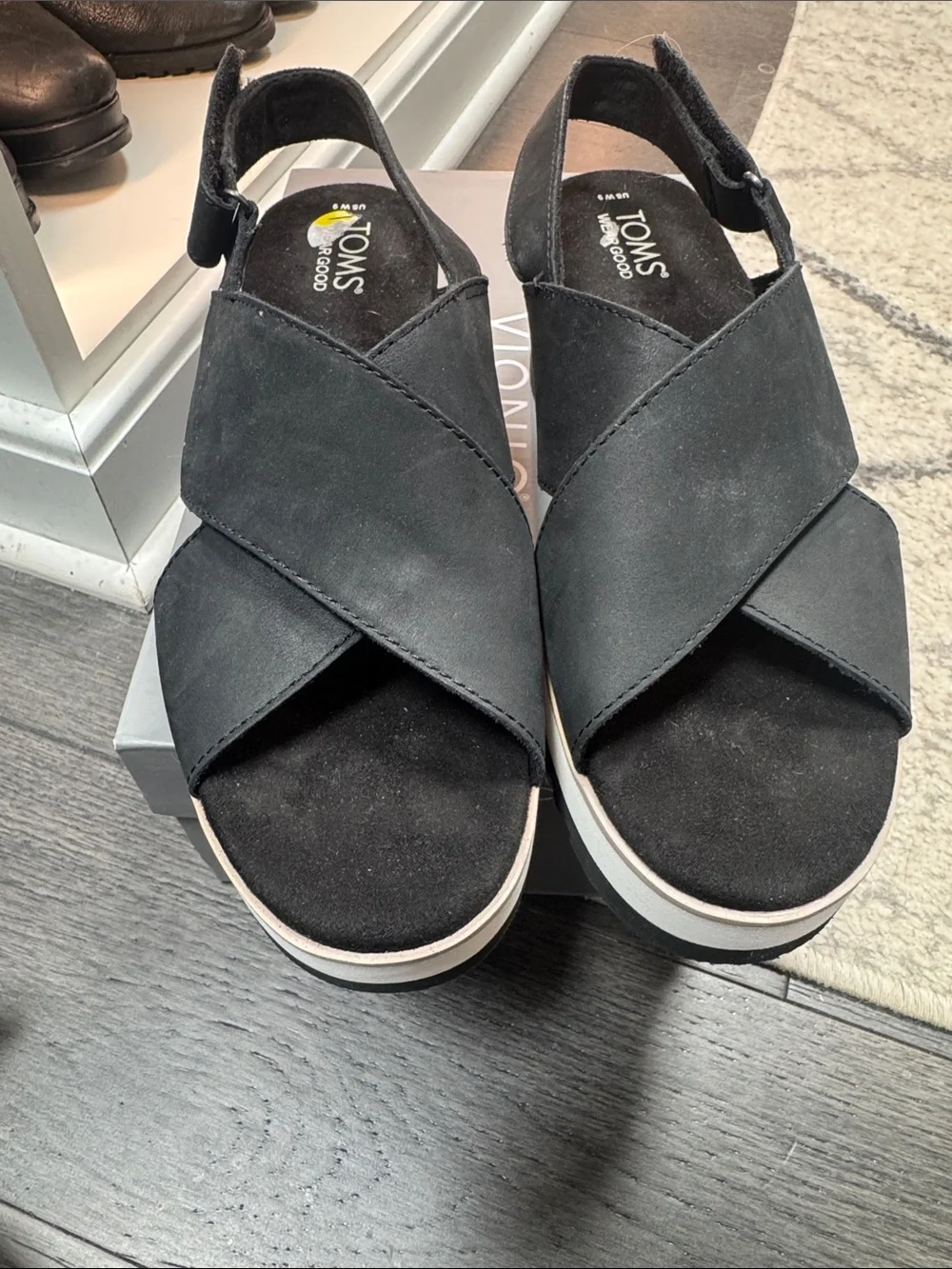 TOMS Black Crisscross Slingback Wedge Sandals with Espadrille Trim